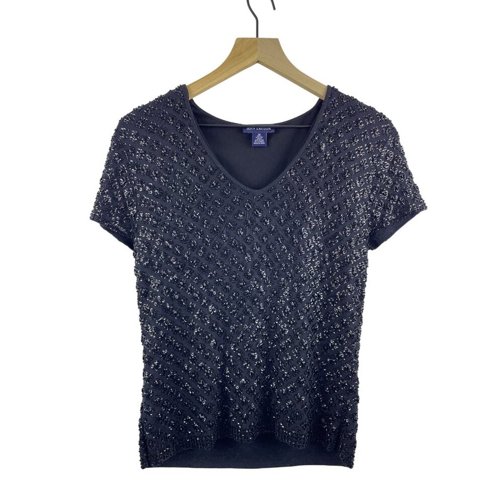 Ann Taylor Women's Medium Vintage 100% Silk Fully Beaded Lined Scoop neck Top